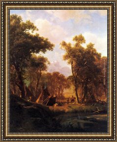 The Encampment Framed Paintings - Indian Encampment, Shoshone Village by Albert Bierstadt