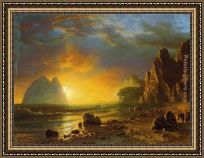 Rocky Coast Framed Paintings - Sunset on the Coast by Albert Bierstadt