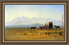 Western Trail - The Rockies Framed Paintings - Surveyor's Wagon in the Rockies by Albert Bierstadt