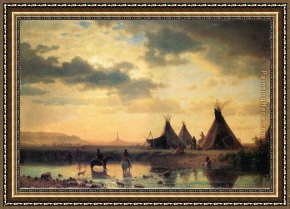 A View of The Forum Framed Paintings - View of Chimney Rock, Ogalillalh Sioux Village in Foreground by Albert Bierstadt