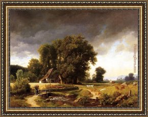 Landscape with a Lake Framed Paintings - Westphalian Landscape by Albert Bierstadt
