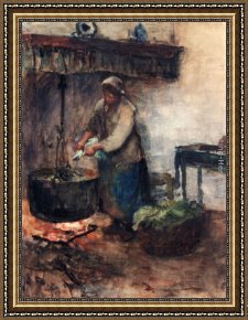 Peasants at Their Cottage Door Framed Paintings - A Cottage Interior With A Peasant Woman Preparing Supper by Albert Neuhuys