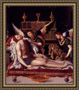 Alessandro Framed Paintings - Dead Christ Attended By Two Angels by Alessandro Allori