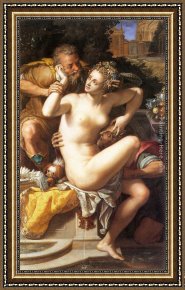 Elders Framed Paintings - Susanna and The Elders by Alessandro Allori