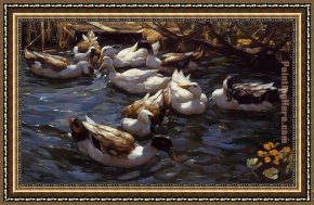 Mallard Duck Framed Paintings - Ducks in the Reeds under the Boughs by Alexander Koester