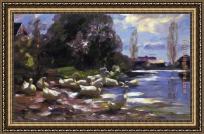 Mallard Duck Framed Paintings - Ducks on a Riverbank on a Sunny Afternoon by Alexander Koester