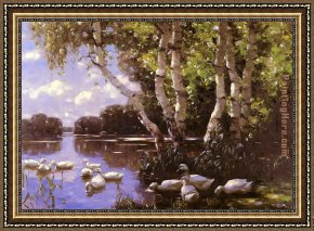 Hund Fuchs Und Katze Framed Paintings - Elf Enten Unter Birken Und Im Wasser by Alexander Koester