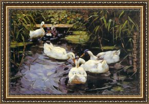 Alexander Framed Paintings - Enten auf einem Schilfteich by Alexander Koester