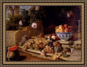 Floral Still Life in a Blue And White Porcelain Vase Framed Paintings - Still Life Of Grapes, Peaches In A Blue And White Porcelain Bowl And A Melon, Resting On A Stone Stairway by Alexandre-Francois Desportes