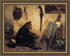 Painter in His Studio, Painting a Musical Company Framed Paintings - The Monkey Painter by Alexandre-Gabriel Decamps