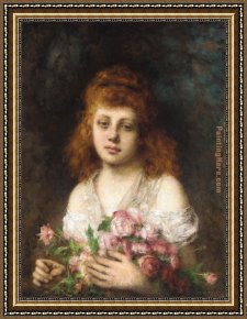 Alexei Framed Paintings - Auburn-haired Beauty with Bouqet of Roses by Alexei Alexeivich Harlamoff