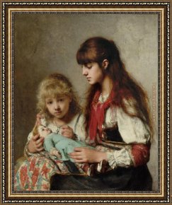 Alexei Framed Paintings - Sisters by Alexei Alexeivich Harlamoff