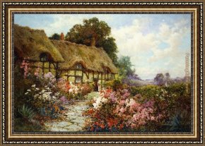 Gingerbread Cottage Framed Paintings - Ann Hathaway's Cottage by Alfred de Breanski