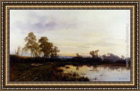 Ponies, a Calf And Poultry in a Farmyard Framed Paintings - Sunset Over A Farmyard by Alfred de Breanski Snr