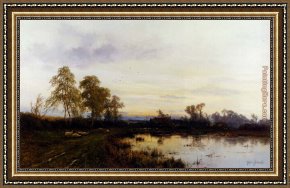 Ponies, a Calf And Poultry in a Farmyard Framed Paintings - Sunset Over A Farmyard by Alfred de Breanski