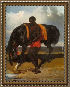 Eze-sur-mer Framed Paintings - Africain tenant un cheval au bord d'une mer by Alfred Dedreux