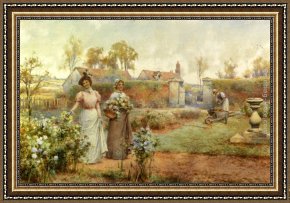 The King And The Beggar-maid Framed Paintings - A Lady And Her Maid Picking Chrysanthemums by Alfred Glendening