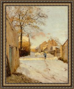 Village Street And Stairs with Figures Framed Paintings - A Village Street in Winter by Alfred Sisley