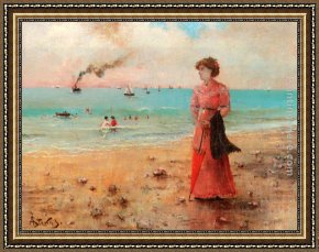 Eze-sur-mer Framed Paintings - Jeune femme a l'ombrelle rouge au bord de la mer by Alfred Stevens