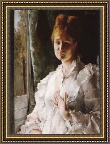 Portrait of a Woman Framed Paintings - Portrait of a Woman in White by Alfred Stevens