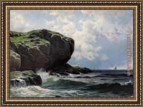 Alfred Thompson Bricher Framed Paintings - Rocky Head with Sailboats in Distance by Alfred Thompson Bricher