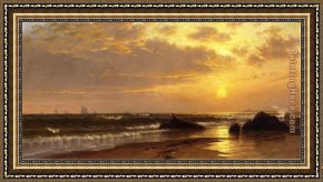 Alfred Framed Paintings - Seascape with Sunset by Alfred Thompson Bricher
