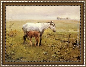 Lord Rivers' Roan Mare in a Landscape Framed Paintings - A Mare and her Foal in a Landscape by Alfred von Kowalski Wierusz