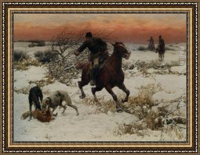 A Bay Hunter with Two Spaniels Framed Paintings - The Hunters by Alfred von Kowalski Wierusz