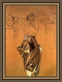 Color Study of Squares Framed Paintings - Mucha Study of Drapery by Alphonse Maria Mucha