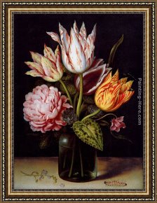 Elders Framed Paintings - A Still Life With A Bouquet Of Tulips, A Rose, Clover And A Cylclamen In A Green Glass Bottle by Ambrosius Bosschaert the Elder