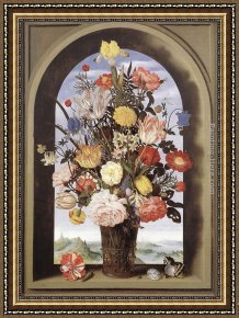 Elders Framed Paintings - Bouquet in an Arched Window by Ambrosius Bosschaert the Elder