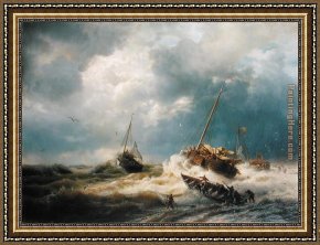 Storm Framed Paintings - Ships in a Storm on the Dutch Coast 1854 by Andreas Achenbach