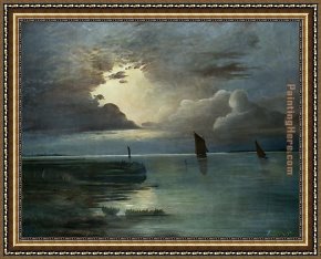 Totes Meer Mit Moabitergebirge, Abendstimmung Framed Paintings - Sonnenuntergang am Meer mit aufziehendem Gewitter by Andreas Achenbach