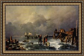 El Vendador De Alcatraces (the Vendor of Alcatraces) Framed Paintings - Ufer des zugefrorenen Meeres by Andreas Achenbach