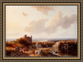 A River Landscape in Springtime Framed Paintings - A Panoramic River Landscape by Andreas Schelfhout