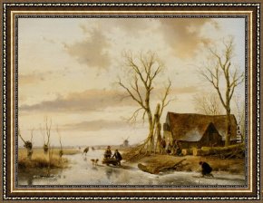 A River Landscape in Springtime Framed Paintings - A Winter Landscape with Skaters on a Frozen River by Andreas Schelfhout