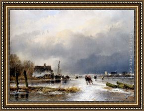 A Winter Landscape with Skaters Near a Village Framed Paintings - A Winter Landscape With Skaters On A Frozen Waterway by Andreas Schelfhout