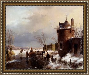 Out on The Town Framed Paintings - Figures With A Horse Sledge On The Ice, A Town In The Distance by Andreas Schelfhout