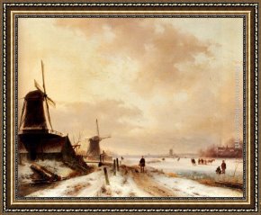 A Winter Landscape with Skaters Near a Village Framed Paintings - Winter a huntsman passing woodmills on a snowy track, skaters on a frozen river beyond by Andreas Schelfhout