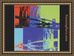 Bridge Framed Paintings - Brooklyn Bridge Orange Blue Lime by Andy Warhol