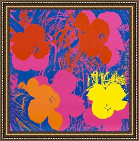 Yellow Framed Paintings - Flowers, 1970 (Red, Yellow, Orange on Blue by Andy Warhol