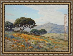 Mountain Poppies III Framed Paintings - California Lupines and Poppies by Angel Espoy