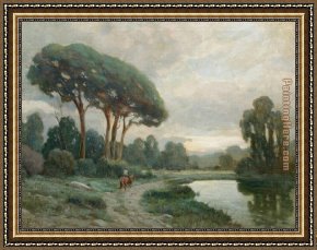 Landscape with a Lake Framed Paintings - LANDSCAPE WITH RIDER AND LAKE by Angel Espoy