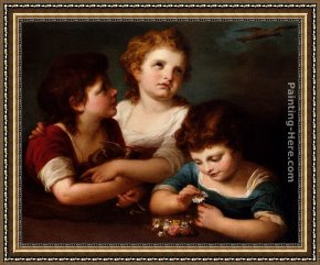 Birds Framed Paintings - Children With A Bird's Nest And Flowers by Angelica Kauffmann