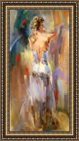 Lady Plays The Blues Framed Paintings - Lady In A Blue Dress by Anna Razumovskaya