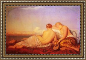 Antoine Framed Paintings - Les Deux Odalisques Contemplant Le Bosphore by Antoine Auguste Ernest Hebert