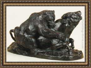 Antoine Framed Paintings - Bull Attacked by a Bear by Antoine Louis Barye