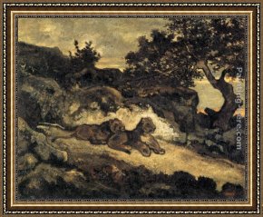 Antoine Framed Paintings - Lions near their Den by Antoine Louis Barye