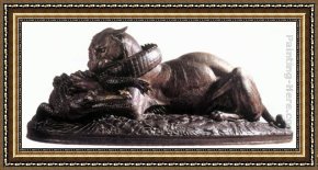 Antoine Framed Paintings - Tiger Devouring a Gavial Crocodile of the Ganges by Antoine Louis Barye