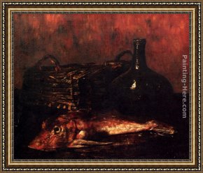 Antoine Framed Paintings - A Still Life With A Fish, A Bottle And A Wicker Basket by Antoine Vollon